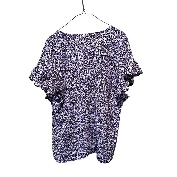 Michael Kors Blouse Top Women SZ L Purple Floral Round Neck Ruffle Short Sleeve - Picture 1 of 6